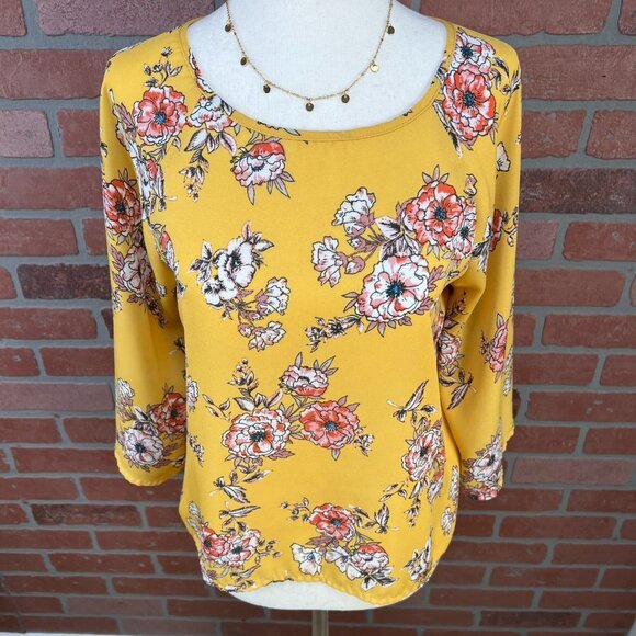 Yellow Floral Bell Sleeve Blouse - Small Petite - Picture 4 of 13